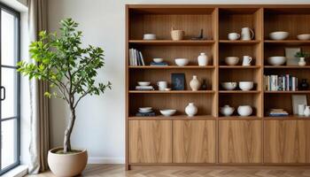 indoor tree beside an open bookshelf filled with ceramics photo