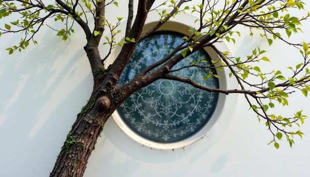 tree leaning toward an oval window with frosted glass photo
