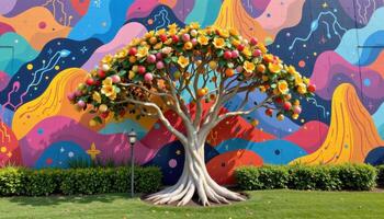 sculptural tree placed in front of a mural like abstract wall photo