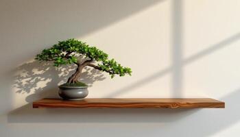 bonsai tree on a wall mounted wooden shelf beside soft lighting photo