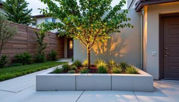 tree set into polished concrete planter with recessed lighting photo