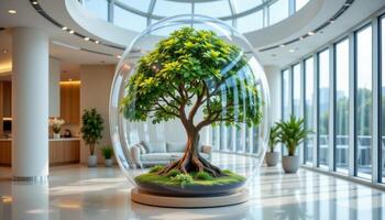 indoor tree enclosed in a glass cylinder structure photo