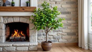 small indoor tree growing next to a fireplace in a stone hearth photo