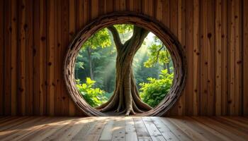tree trunk growing through a hole in an interior wooden platform photo