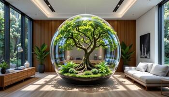 tree inside a terrarium like glass chamber in a modern room photo