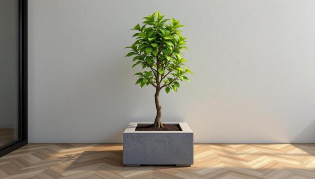square planter embedded into floor with an upright, slim tree photo