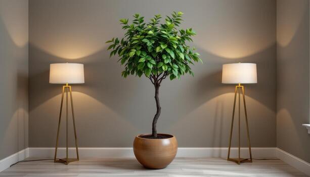 potted tree flanked by two matching floor lamps in symmetry photo