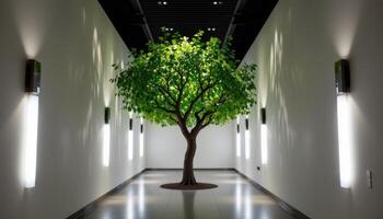 tree at the end of a hallway illuminated with vertical lighting photo