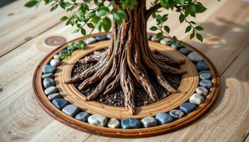 indoor tree surrounded by decorative stone rings inlaid in wood photo