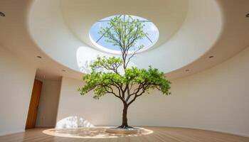 room with circular skylight casting light onto an indoor tree photo
