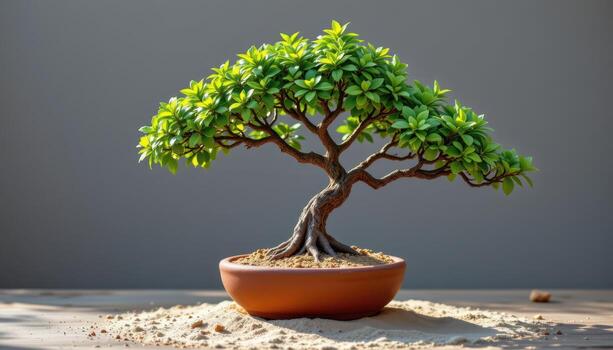 tree resting in an asymmetrical pot with sand garden around base photo