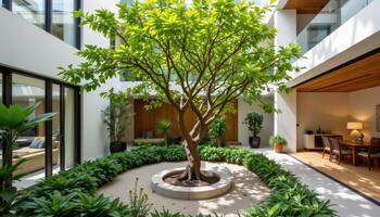 indoor tree growing in a central courtyard visible from all rooms photo