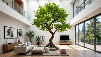 double height interior with indoor tree at its heart photo