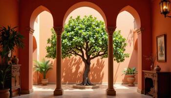 indoor tree framed by archways in terracotta colored room photo