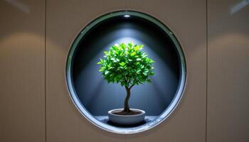 recessed circular planter with spotlighted indoor tree photo