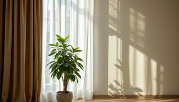 a potted rubber tree placed beside a velvet curtain in soft light photo