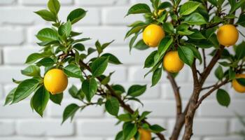 indoor lemon tree with visible fruit near a white brick wall photo