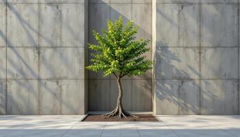 tree positioned at a diagonal within a narrow vertical space photo