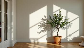 corner of a living room with a potted olive tree and shadows on the wall photo