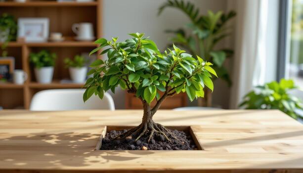 indoor tree growing through a square cut out in a table photo