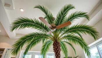 indoor palm tree swaying slightly under a ceiling fan photo