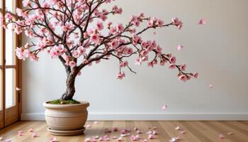 potted indoor cherry blossom tree with petals falling on the floor photo