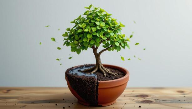 tree placed in a split pot with water on one side, soil on the other photo