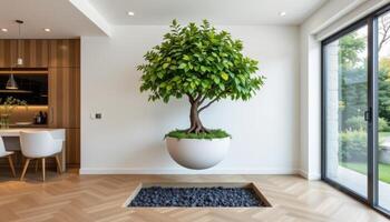 floating planter holding an indoor tree above a recessed floor photo