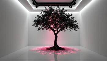 black and white room with a tree highlighted by colored spotlight photo