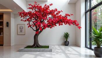indoor tree with crimson leaves contrasting white terrazzo flooring photo