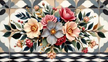 art deco inspired bouquet on checkerboard tiles photo