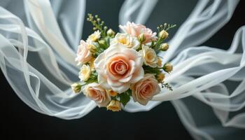 ethereal bouquet floating over sheer chiffon fabric photo