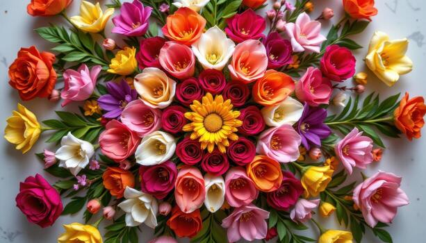 bouquet arranged like a radial mandala from overhead view photo