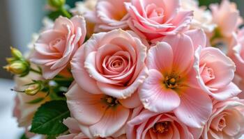 light pink and cream bouquet with dewdrops on petals photo
