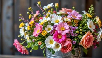 mixed bouquet of spring flowers in a rustic metal bucket photo