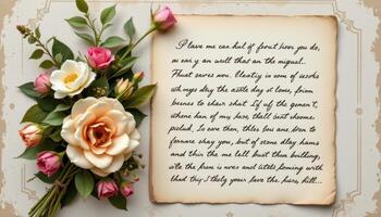 antique style bouquet beside an open handwritten letter photo