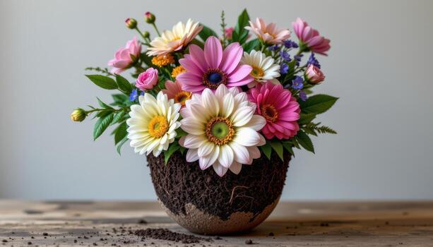 layered bouquet with visible flower roots and soil photo