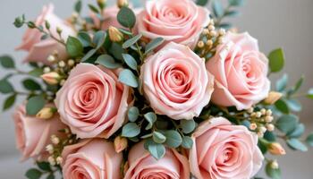 romantic bouquet with pale pink roses and baby eucalyptus photo