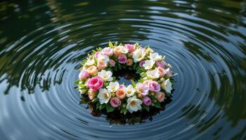 circular floating bouquet on still water photo