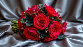 bold red bouquet with black accent florals on a satin cloth photo