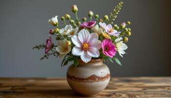 wabi sabi bouquet in hand molded clay jar photo