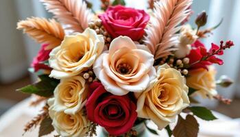 bouquet with feather accents in warm neutral tones photo