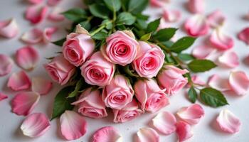 pink rose bouquet surrounded by scattered petals photo