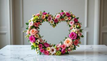flowing bouquet forming an infinity loop on a marble table photo