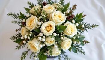 winter bouquet with pine sprigs, white berries, and roses photo