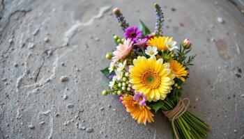 wildflower bouquet tied with hemp rope on concrete background photo