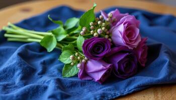 deep purple bouquet resting on navy blue cloth photo