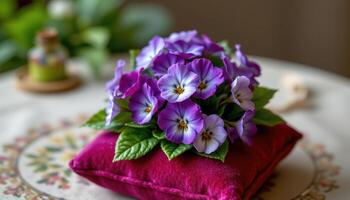 miniature bouquet of violets arranged on a velvet cushion photo
