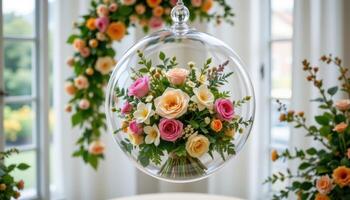 glass dome enclosing a suspended bouquet photo