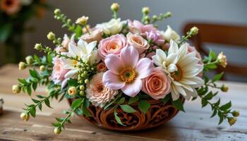 organic bouquet resting in a carved wood basin photo